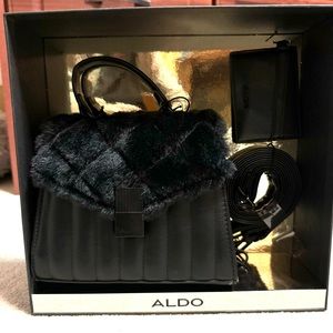 New In Box Aldo Black Fur Handbag Gift Set with Wallet and Crossbody Strap